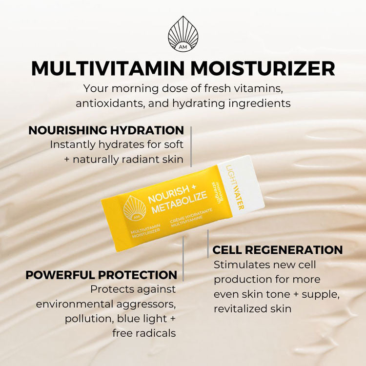LightWater AM Multivitamin Moisturizer is morning dose of vitamins, antioxidants, and hydrating ingredients. It delivers Long-lasting Hydration, Collagen and Cell Regeneration, and Powerful Protection against environmental stressors.