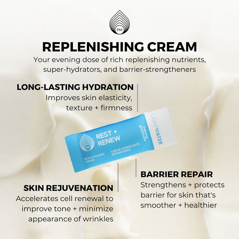 LightWater PM Replenishing Cream is an evening dose of rich replenishing nutrients, super-hydrators, and barrier-strengtheners, for instant hydration, skin rejuvenation, and skin repair