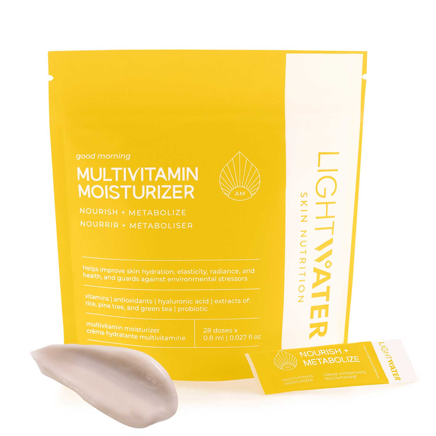 LightWater AM Multivitamin Moisturizer packaging yellow pouch and one of its 28 daily doses, with a swatch of pinkish lotion
