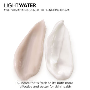 Swatches of LightWater AM Multivitamin Moisturizer pink lotion and PM Replenishing cream white cream. LightWater is fresh skincare because it's both more effective and better for skin health