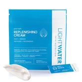 LightWater PM Replenishing Cream packaging pouch and one of its 28 daily doses, and a swatch of the white cream