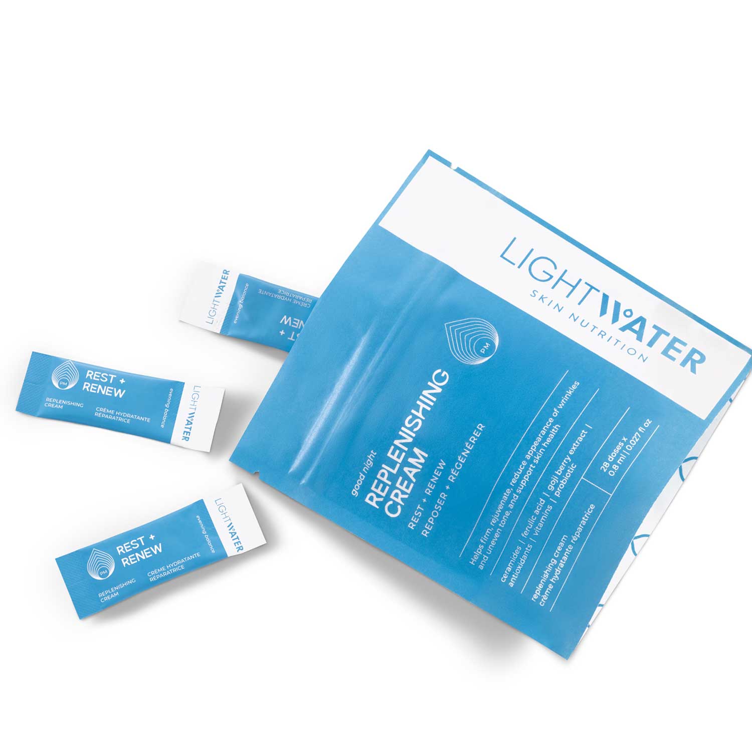 LightWater PM Replenishing Cream packaging pouch laying down, with three of its 28 daily doses spilling out. 